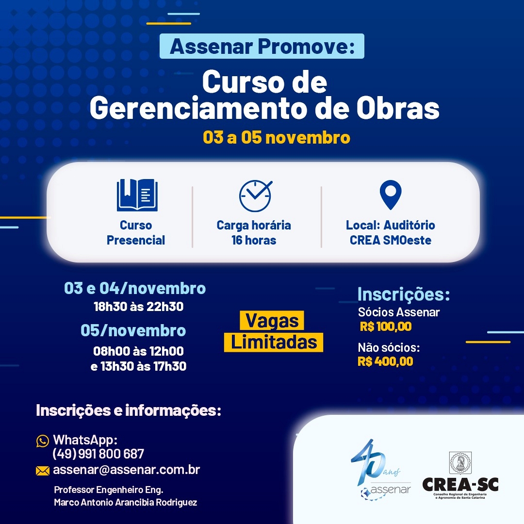Assenar e CREA-SC lançam Curso Gerenciamento de Obras